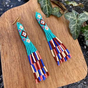 Turquoise bohemian beaded earrings, boho fringe earrings,tube beaded earrings,  Native Style Beaded Earrings, Boho, Seed Bead earrings