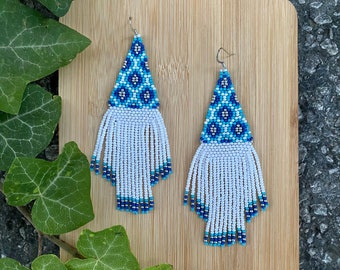 Evil eye beaded earrings, fringe earrings,summer earrings, seed beaded earrings, blue silver earrings ,statement earrings, boho earrings