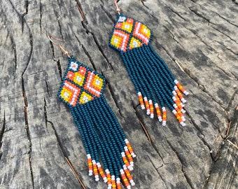 Green orange aztec beaded earrings - Fringe dangle earrings - Jewelry gift -Shoulder duster - Boho/bohemian\statement\ethnic\native\unique