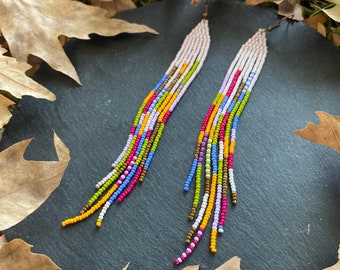 Autumn colors  beaded earrings, extra long fringe earrings, seed bead earrings, dangle earrings, native beaded earrings, chandelier earring