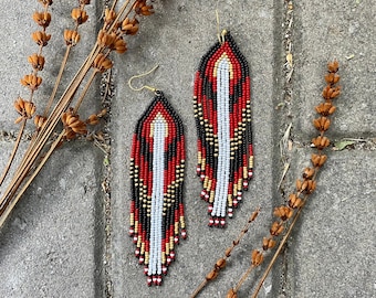 Red black beaded earrings Seed bead earrings Long fringe earrings Dangle earrings Christmas chandelier earring Boho earring Beadwork