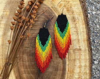 Rainbow long beaded fringe earrings seed bead earrings dangle boho earrings chandelier earrings native bead earrings colorful earrings