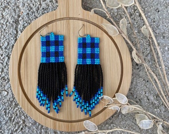 Blue black fringe earrings, Plaid beaded earring, Beaded fringe earrings, Seed bead earrings, Blue beaded earrings, Evening earrings