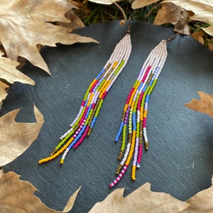 Autumn colors  beaded earrings, extra long fringe earrings, seed bead earrings, dangle earrings, native beaded earrings, chandelier earring