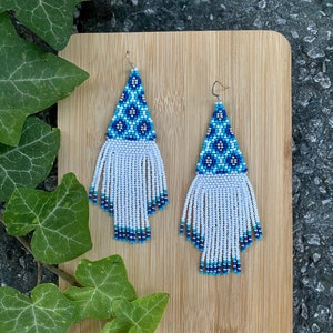 Evil eye beaded earrings, fringe earrings,summer earrings, seed beaded earrings, blue silver earrings ,statement earrings, boho earrings