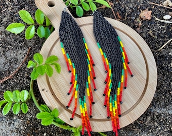 Boho rainbow earrings, rainbow fringe earrings, colorfuul beaded earrings, seed bead earrings, rainbow earrings, extra long beaded earrings