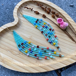 Soft blue beaded earrings, Multicolored beaded fringe earrings, sky blue beaded earrings, crystal beaded fringe earring, colorful crystal