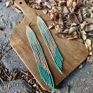 Mint green cream beaded earrings, extra long fringe earrings, boho earrings,  beaded long earrings, Dangle earrings, Seed bead earrings