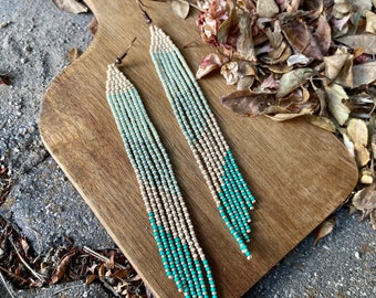 Mint green cream beaded earrings, extra long fringe earrings, boho earrings,  beaded long earrings, Dangle earrings, Seed bead earrings