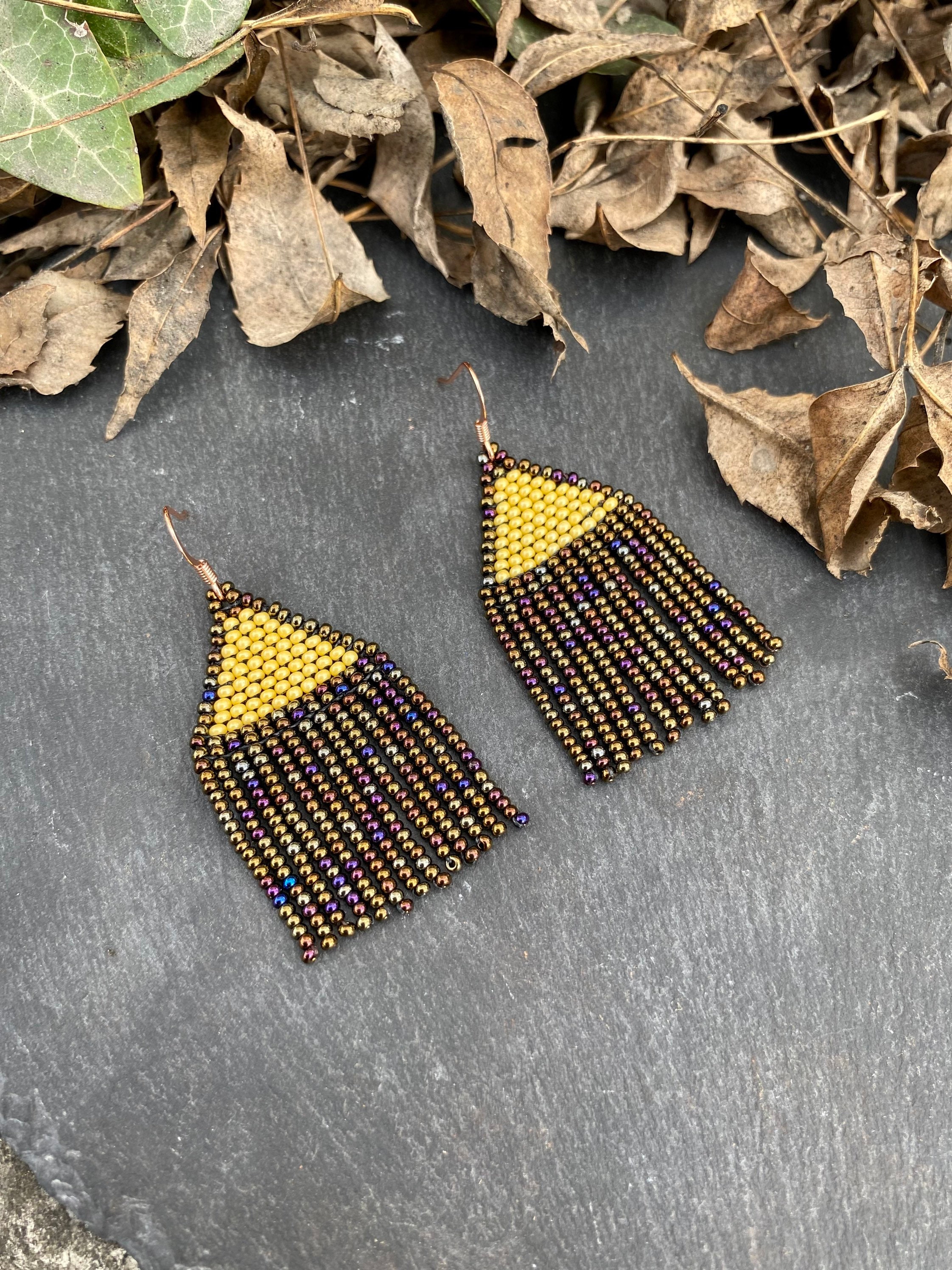 Beaded Earrings Sparkle Mustard Yellow Earrings Seed Bead Etsy