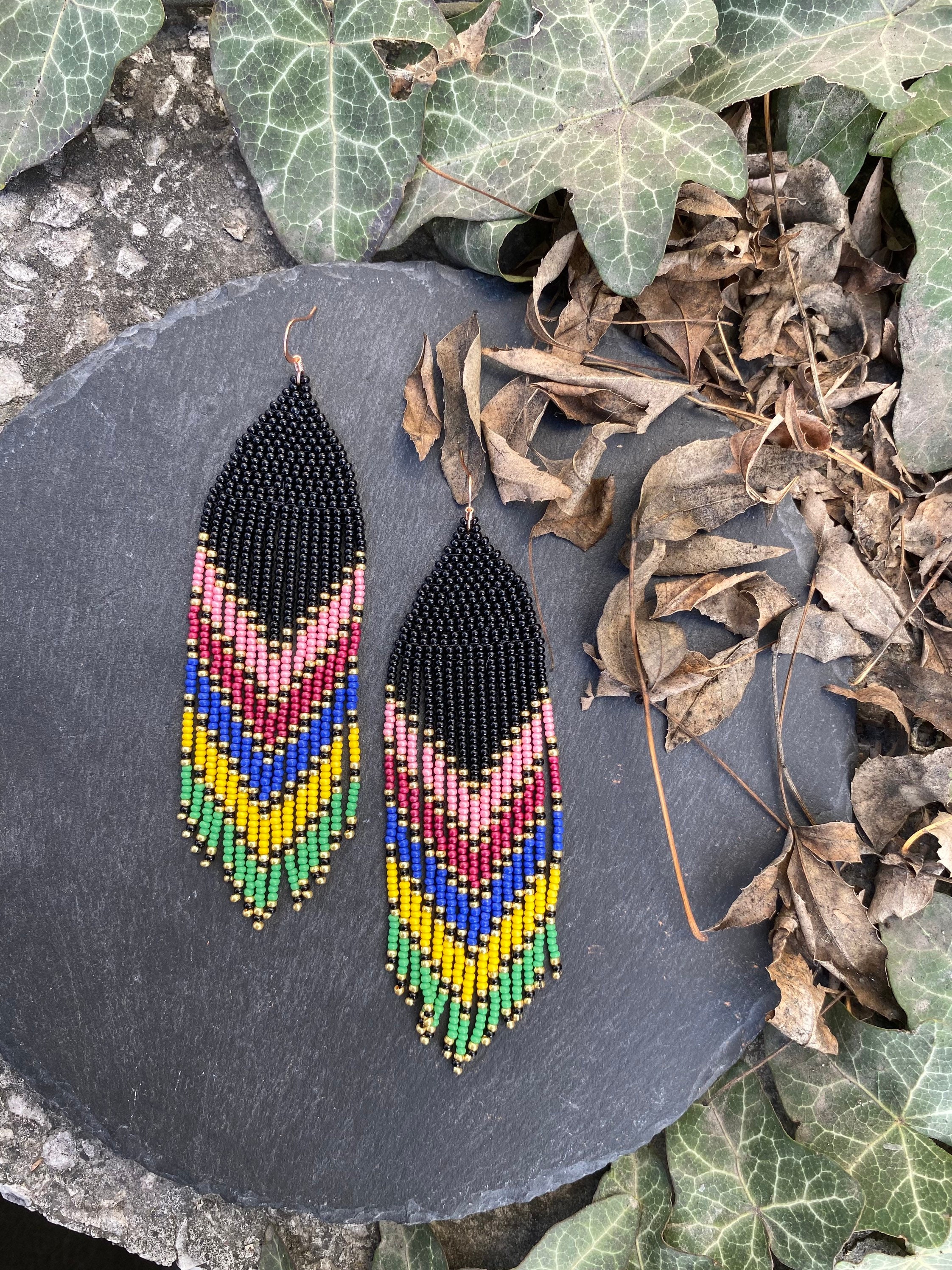 Rainbow Ombre Beaded Fringe Earrings Seed Bead Earrings Dangle Boho ...