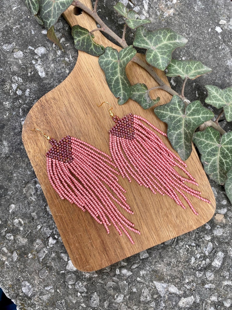 Matte Pink Beaded Fringe Earrings, Shoulder Duster, Seed Bead Earrings ...