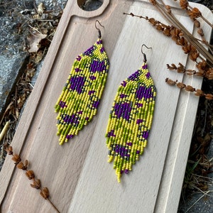 Purple yellow beaded earrings, floral fringe earrings, Autumn earrings, Floral Long earring, orange green earring, Boho fringe earring