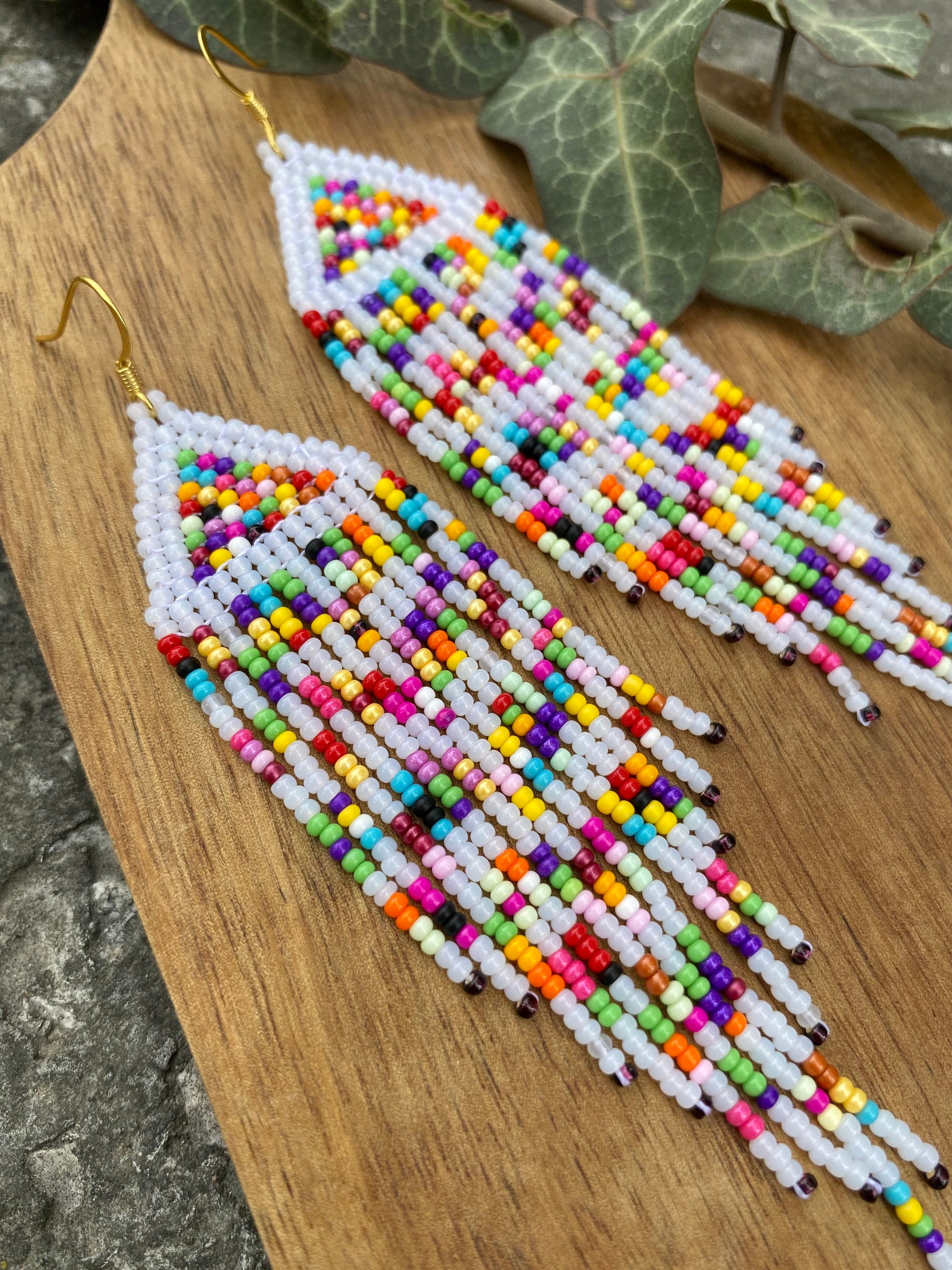 Rainbow Beaded Earrings, Candy Colorful Earrings, Fringe Seed Beaded ...