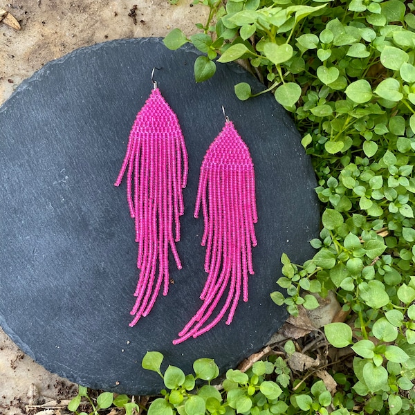 Neon pink extra long earrings, beaded fringe earrings,shoulder duster,monochrome,simple,minimalist,bohemian wedding,basic,tassel