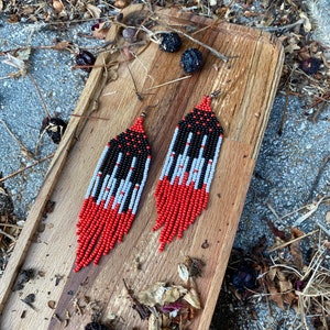 Long red and black beaded earrings, fringe earrings, piano earrings, seed bead earrings, dangle boho earrings, chandelier earrings image 8