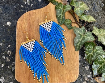 Sky blue beaded fringe earrings, shoulder duster, seed bead earrings dangle boho earrings native beaded earrings chandelier earrings