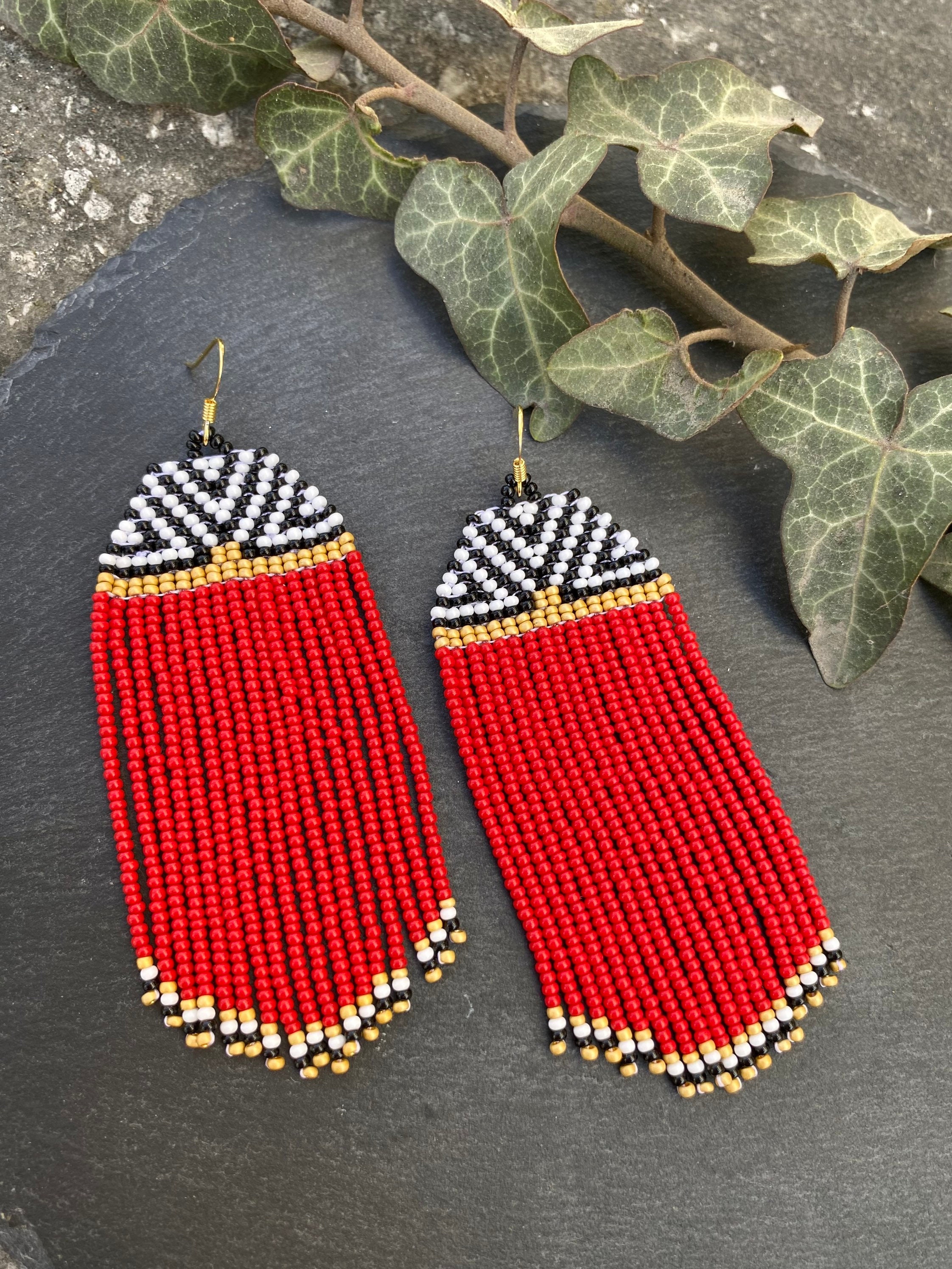 Long Red Beaded Fringe Earrings Seed Bead Earrings Dangle - Etsy