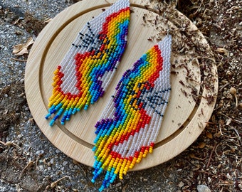 Rainbow fringe earrings, long beaded earrings,  seed bead earrings , colorful dangle earrings, boho earrings,native beadwork