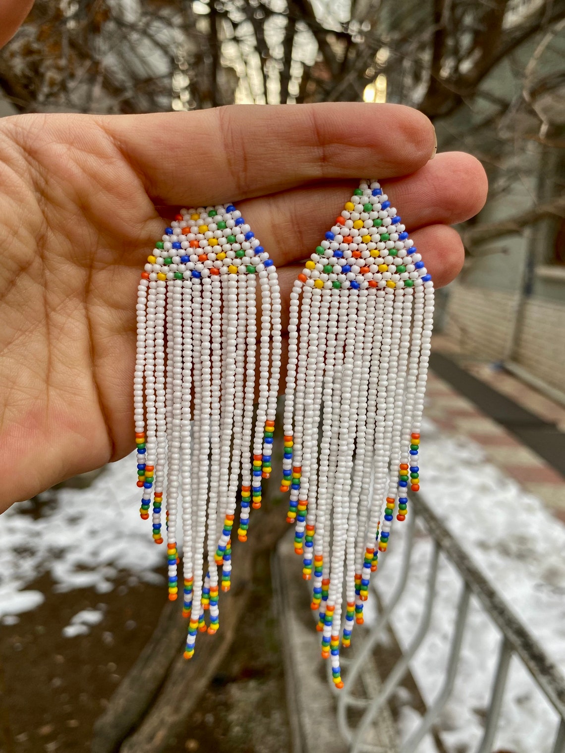 Rainbow Extra Long Beaded Fringe Earrings Seed Bead Earrings Dangle ...