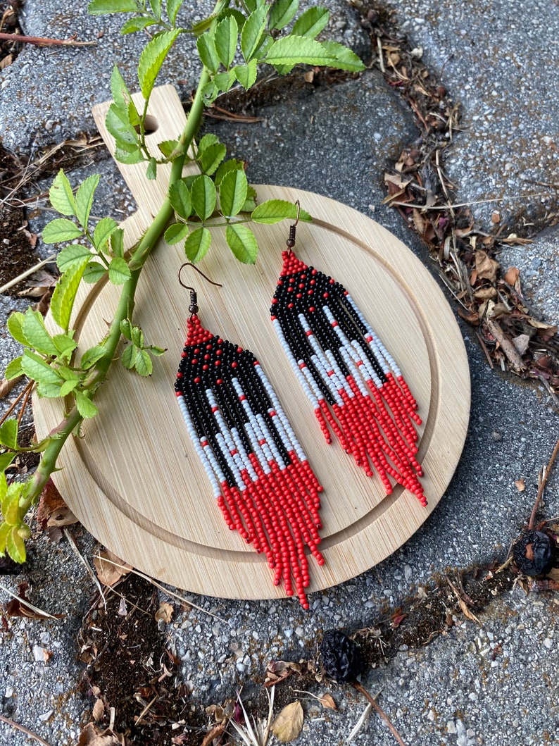 Long red and black beaded earrings, fringe earrings, piano earrings, seed bead earrings, dangle boho earrings, chandelier earrings image 9