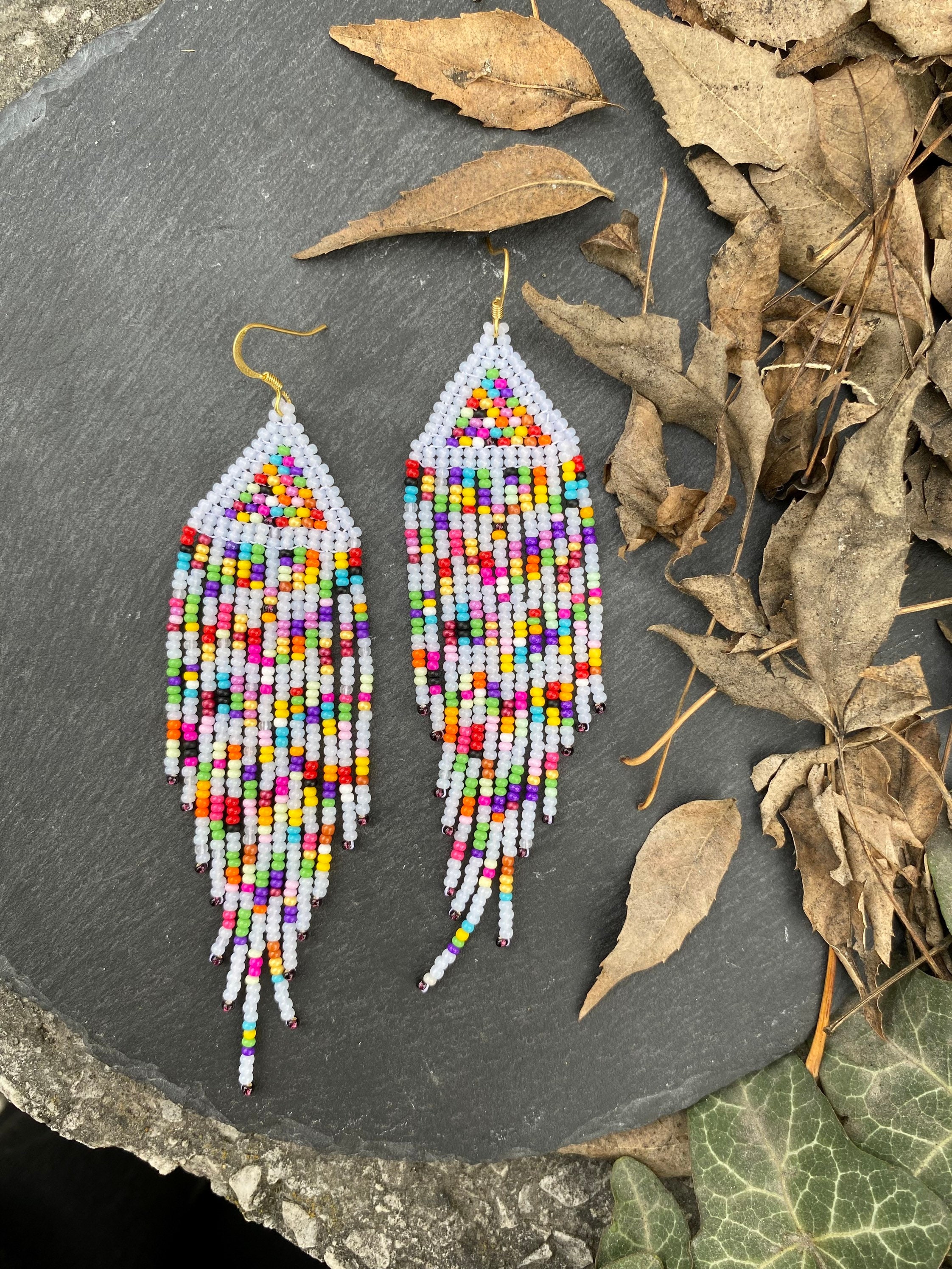Rainbow Beaded Earrings, Candy Colorful Earrings, Fringe Seed Beaded ...