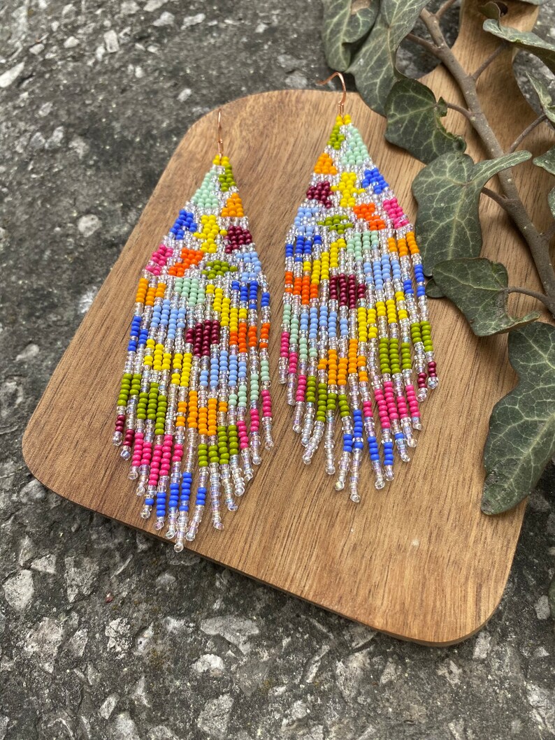 Color Palette Handwoven Beaded Earrings, Long Modern Earrings, Fringe ...