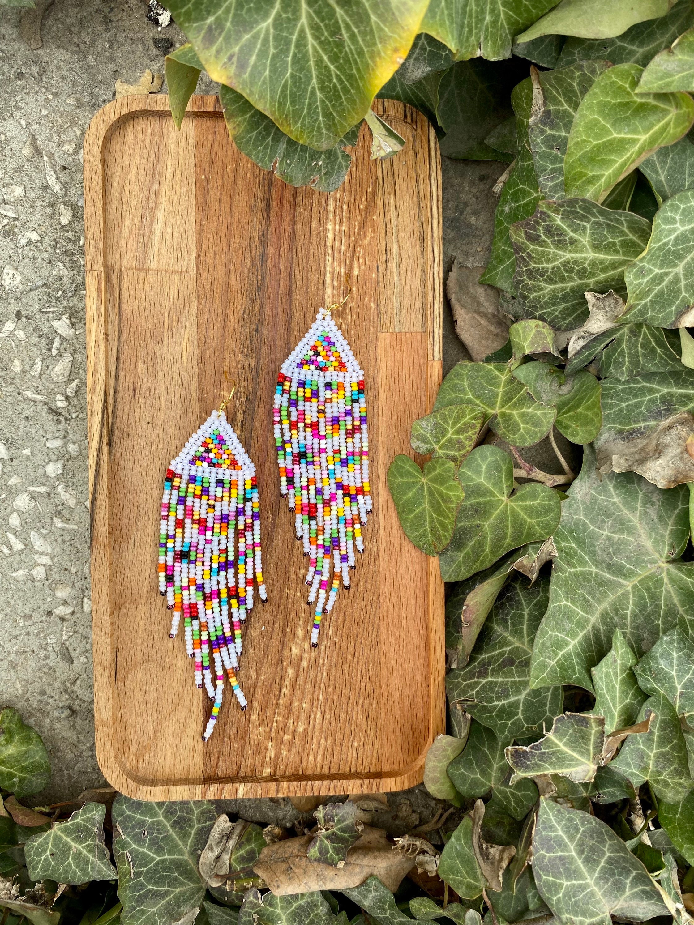 Rainbow Beaded Earrings, Candy Colorful Earrings, Fringe Seed Beaded ...