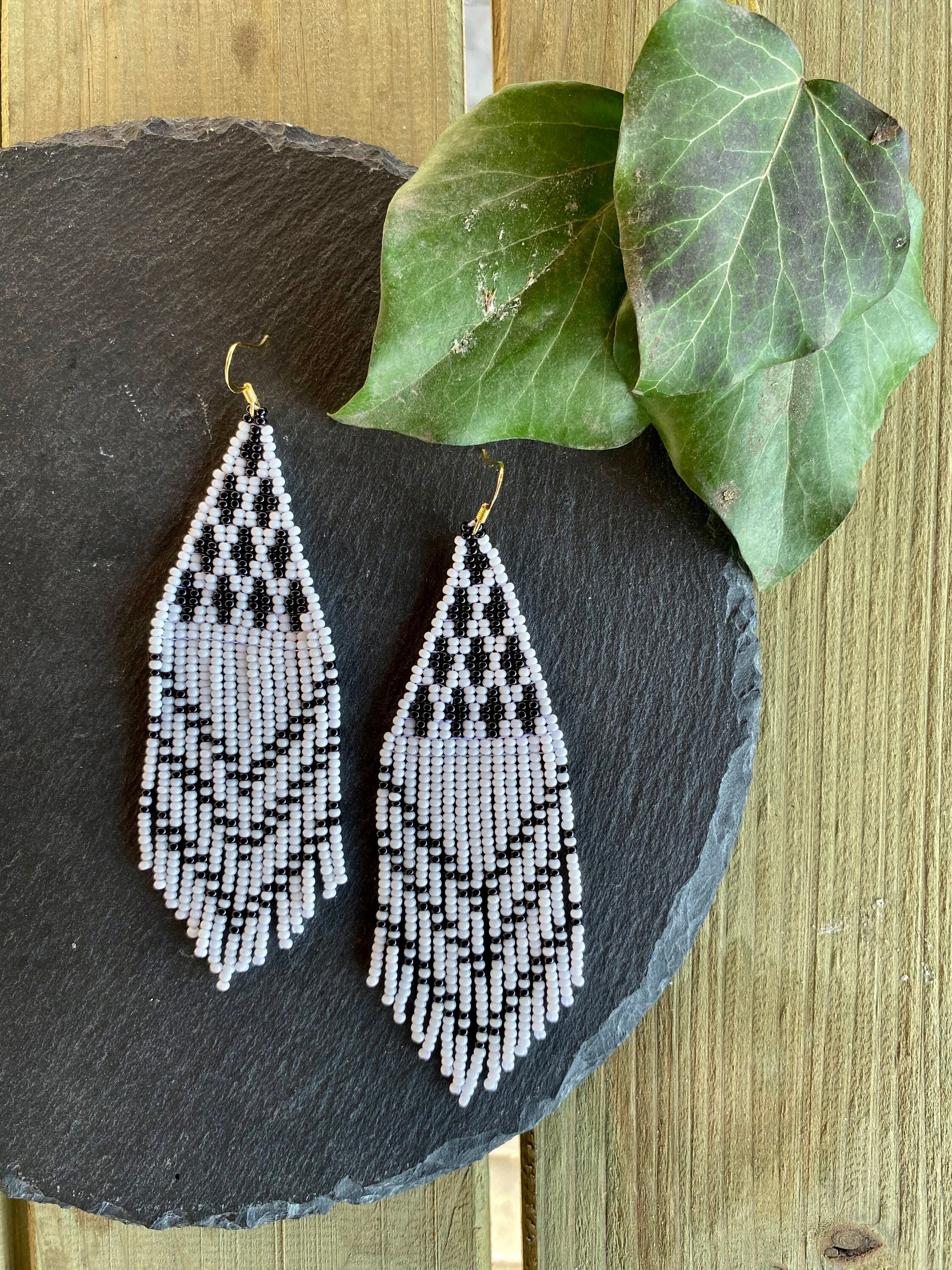 Black and White Geometric Beaded Fringe Earrings, Seed Bead Earrings ...