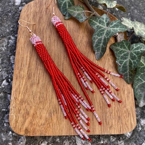 Long red beaded fringe earrings, seed bead earrings dangle boho earrings native beaded earrings chandelier earrings colorful earrings