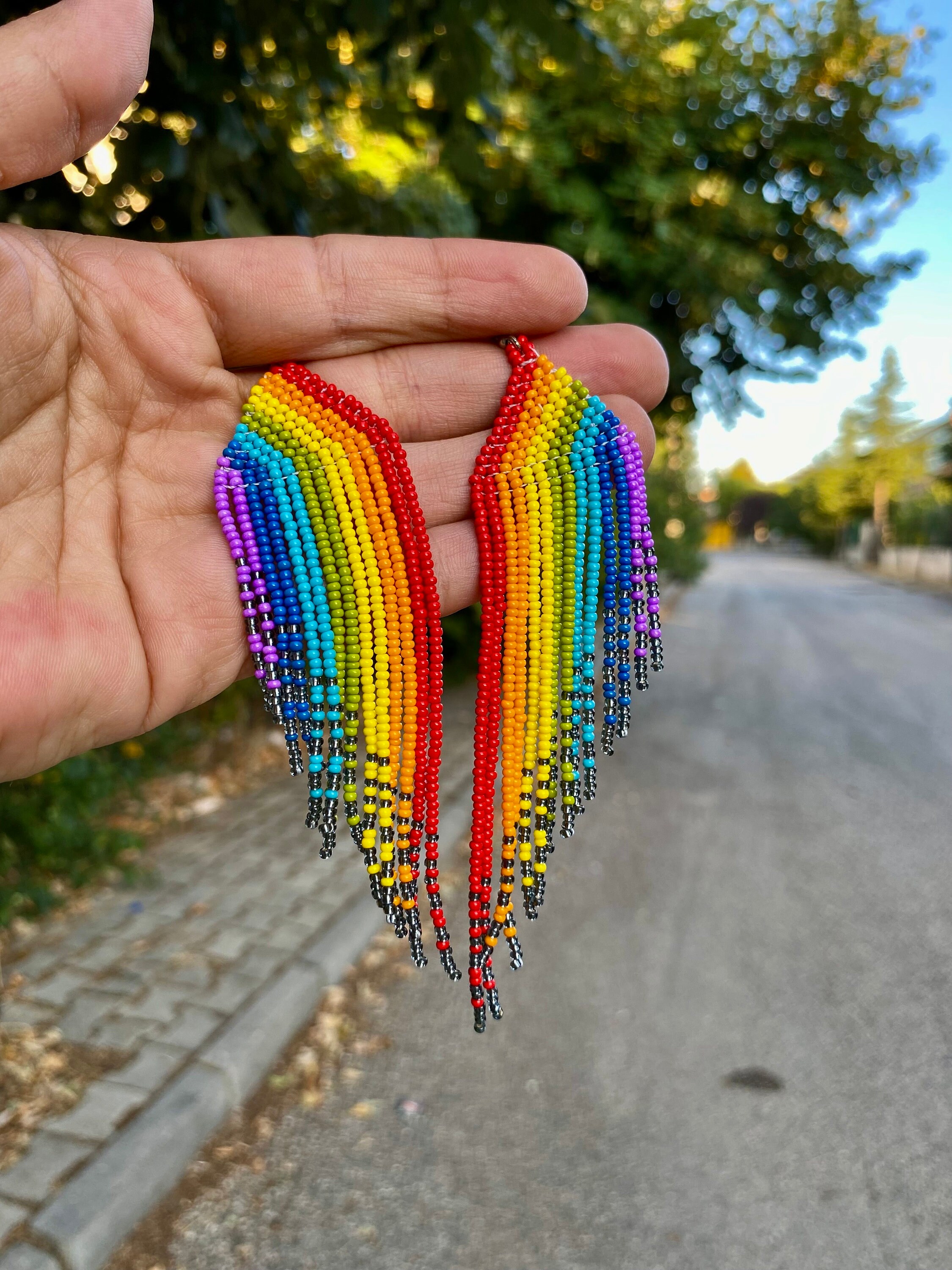 Rainbow Long Beaded Earrings, Rainbow Fringe Earrings, Seed Bead ...