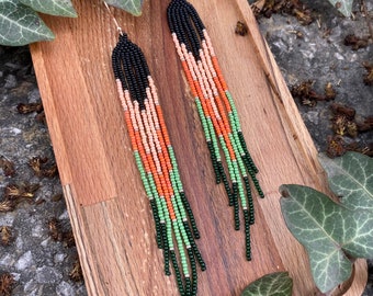 Black orange green beaded earrings, Boho extra long fringe earrings, Light pink green long earrings, Dangle earrings, Seed bead earrings