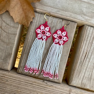 Pink Beaded Boho Earrings, Huichol Earrings, Boho Shiny Pink Flower Earrings, Indigenous Made, Traditional Beadwork | American indian