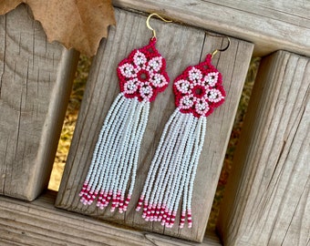 Pink Beaded Boho Earrings, Huichol Earrings, Boho Shiny Pink Flower Earrings, Indigenous Made, Traditional Beadwork | American indian