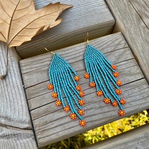 Sky blue beaded earrings Floral Fringe earrings small beaded earrings Seed bead earrings Beadwork dangle Boho earrings image 6