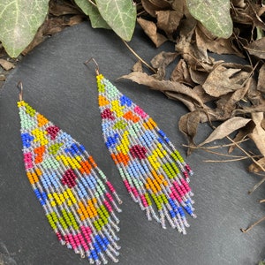 Color Palette Handwoven Beaded Earrings, Long Modern Earrings, Fringe ...