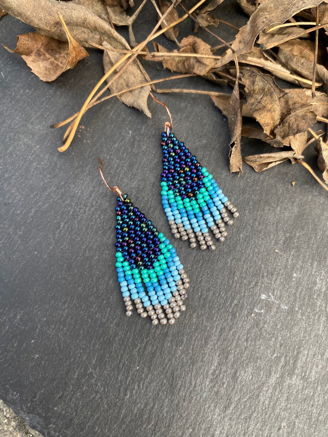 Navy Blue Turquoise Ombre Earrings Small Beaded Earrings - Etsy