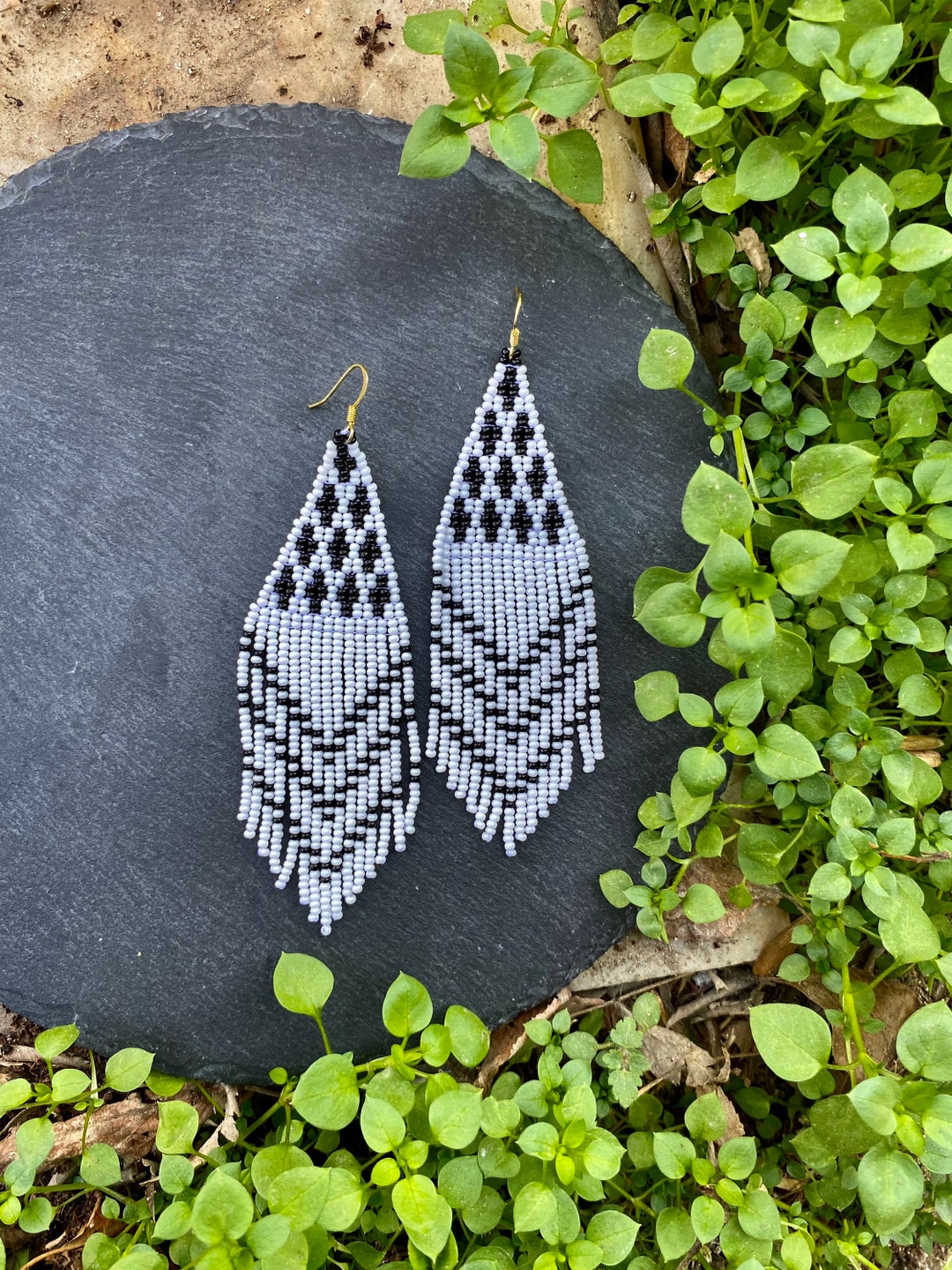 Black and White Geometric Beaded Fringe Earrings, Seed Bead Earrings ...