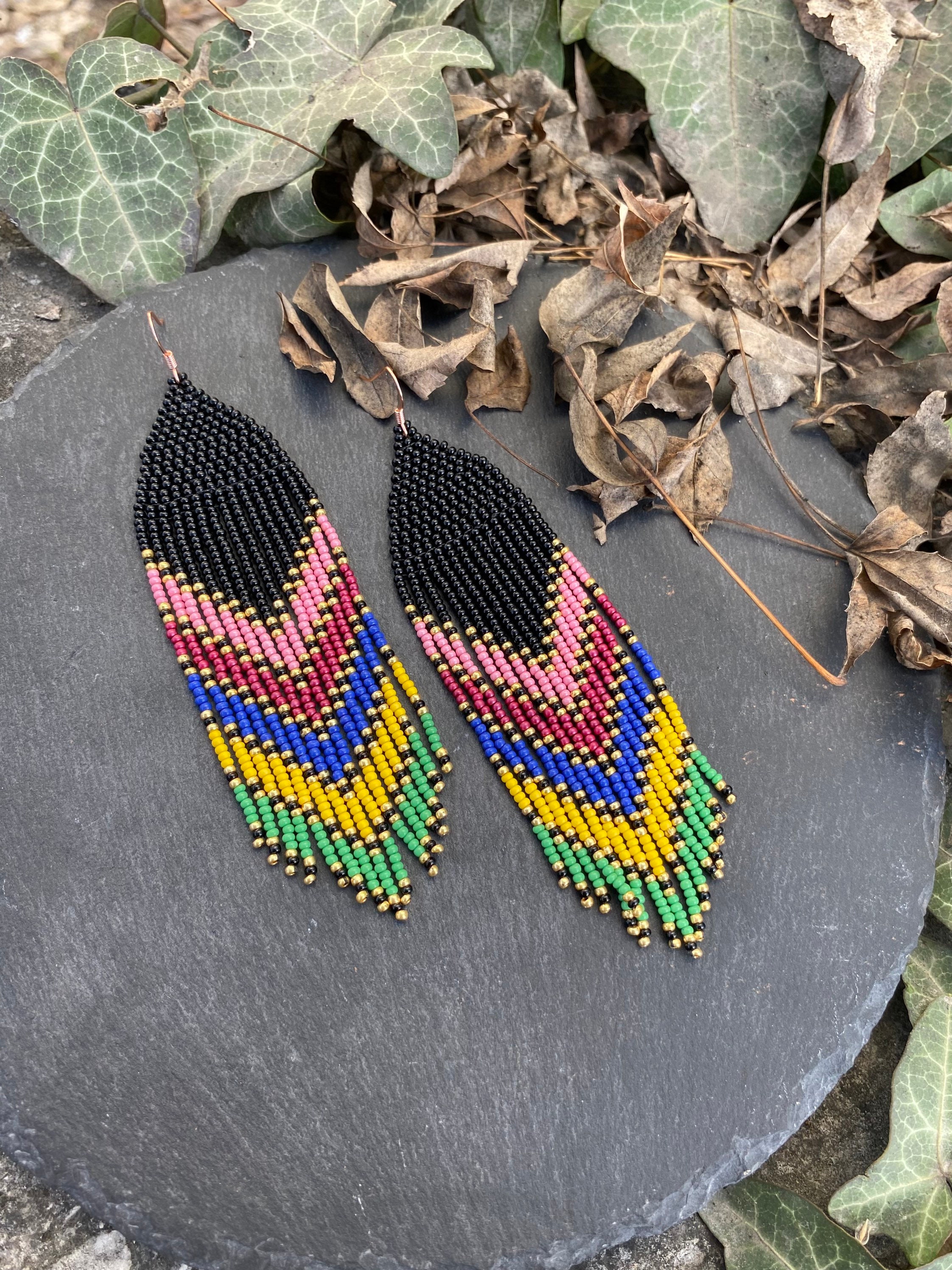 Rainbow Ombre Beaded Fringe Earrings Seed Bead Earrings Dangle Boho ...