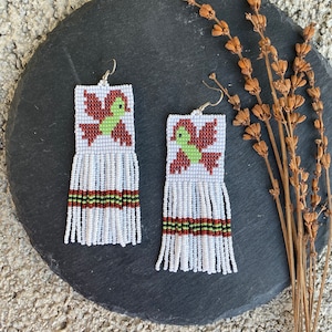 Brown bird earrings, bird beaded earrings, cute bird earrings, boho bird earrings, beaded fringe earrings, seed bead earrings, etsy handmade
