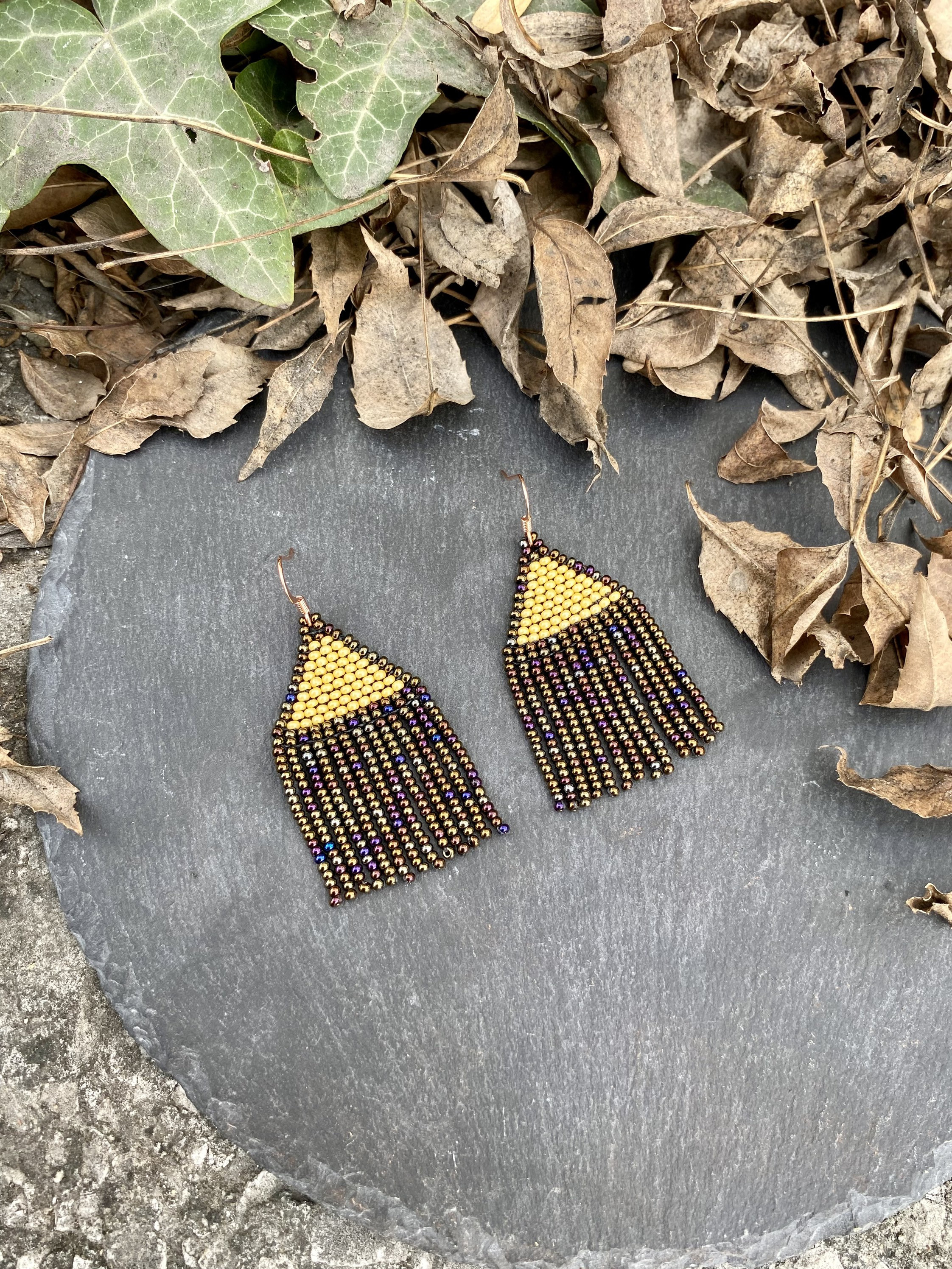 Beaded Earrings Sparkle Mustard Yellow Earrings Seed Bead Etsy