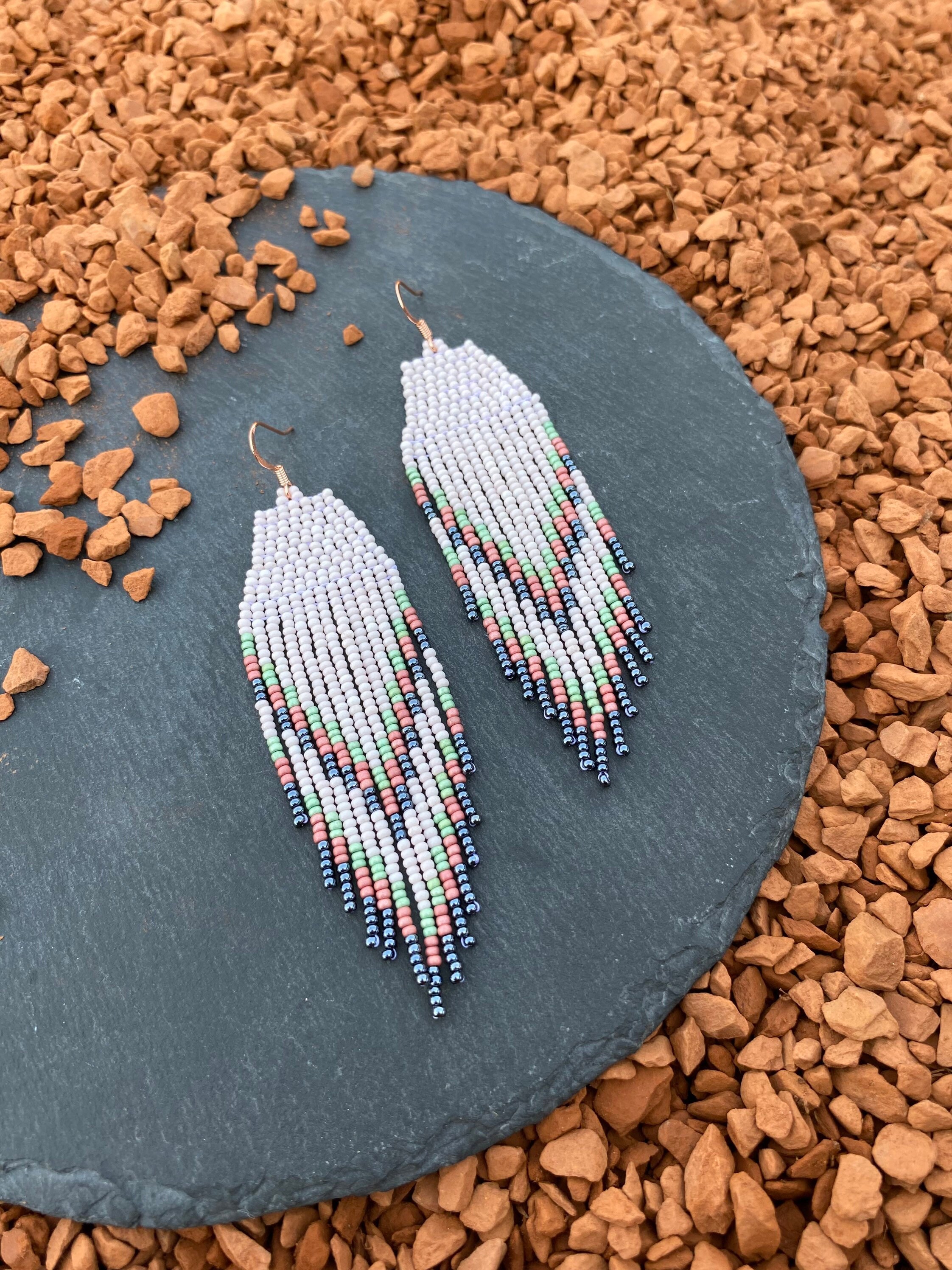 Ivory Pink Feather Seed Bead Earrings,ethnic Beaded Earrings,feather