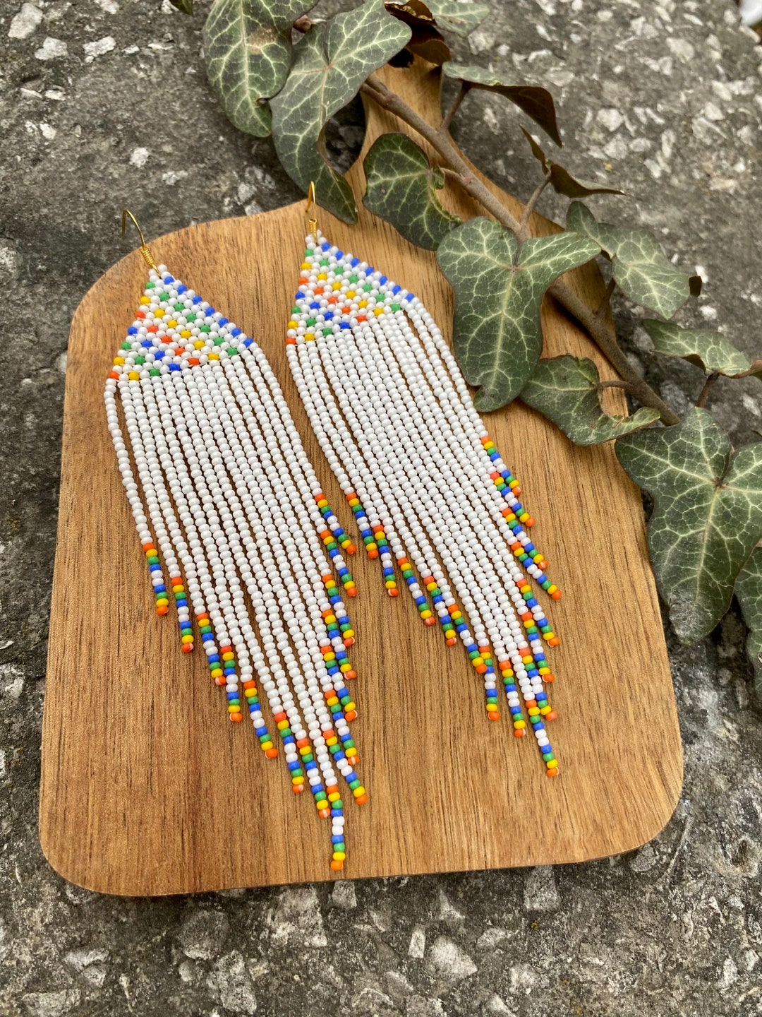 Rainbow Extra Long Beaded Fringe Earrings Seed Bead Earrings Dangle ...