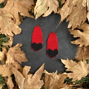 Red black beaded fringe earrings, Black love earrings, seed bead earrings dangle boho earrings native beaded earrings chandelier earrings