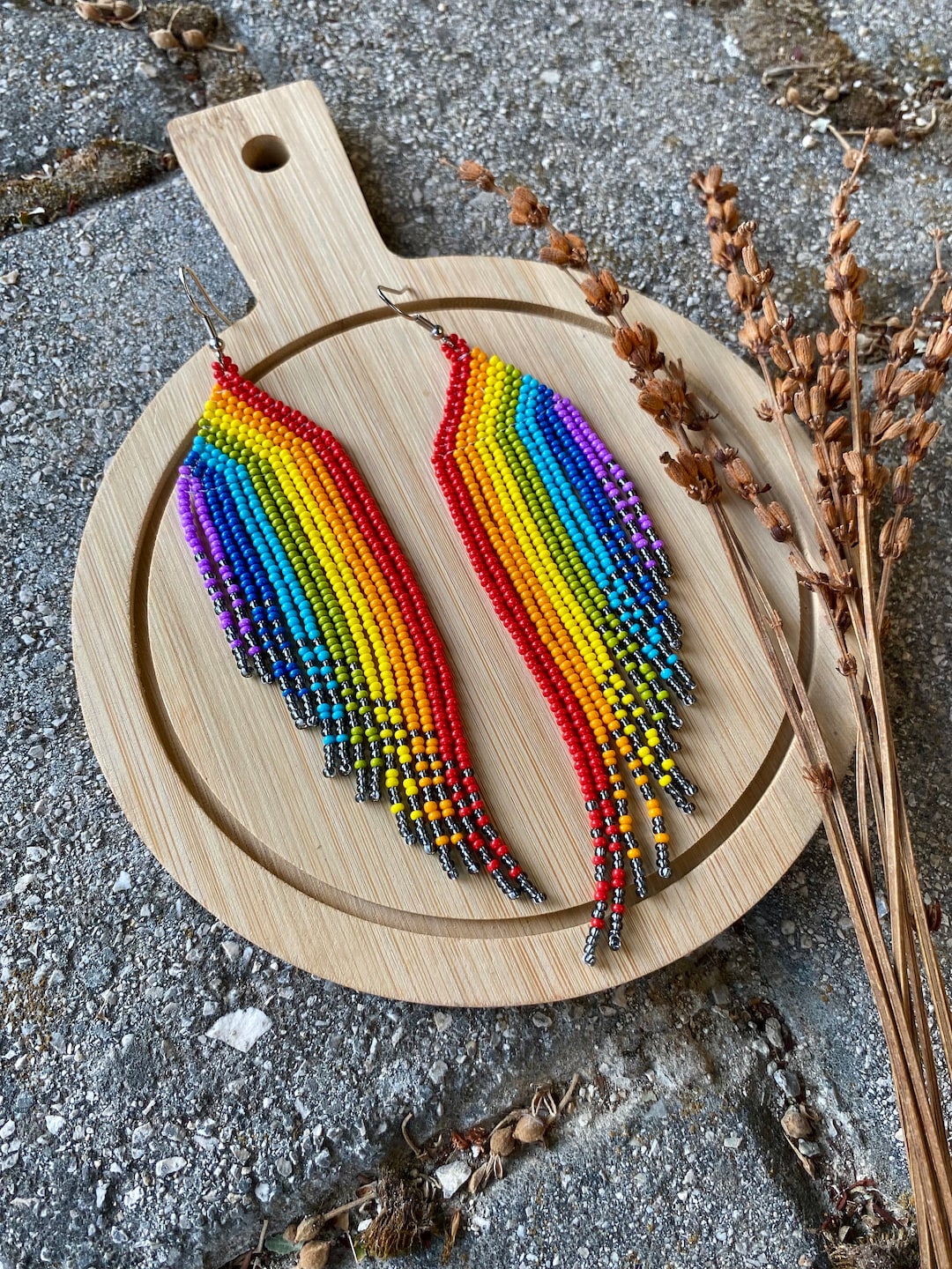 Rainbow Long Beaded Earrings, Rainbow Fringe Earrings, Seed Bead ...