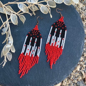 Long red and black beaded earrings, fringe earrings, piano earrings, seed bead earrings, dangle boho earrings, chandelier earrings image 5