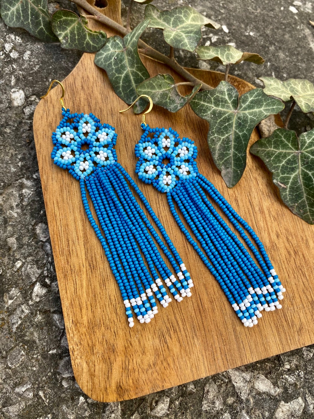 Soft Blue Boho Beaded Earrings, Long, Native American Beaded Earrings ...