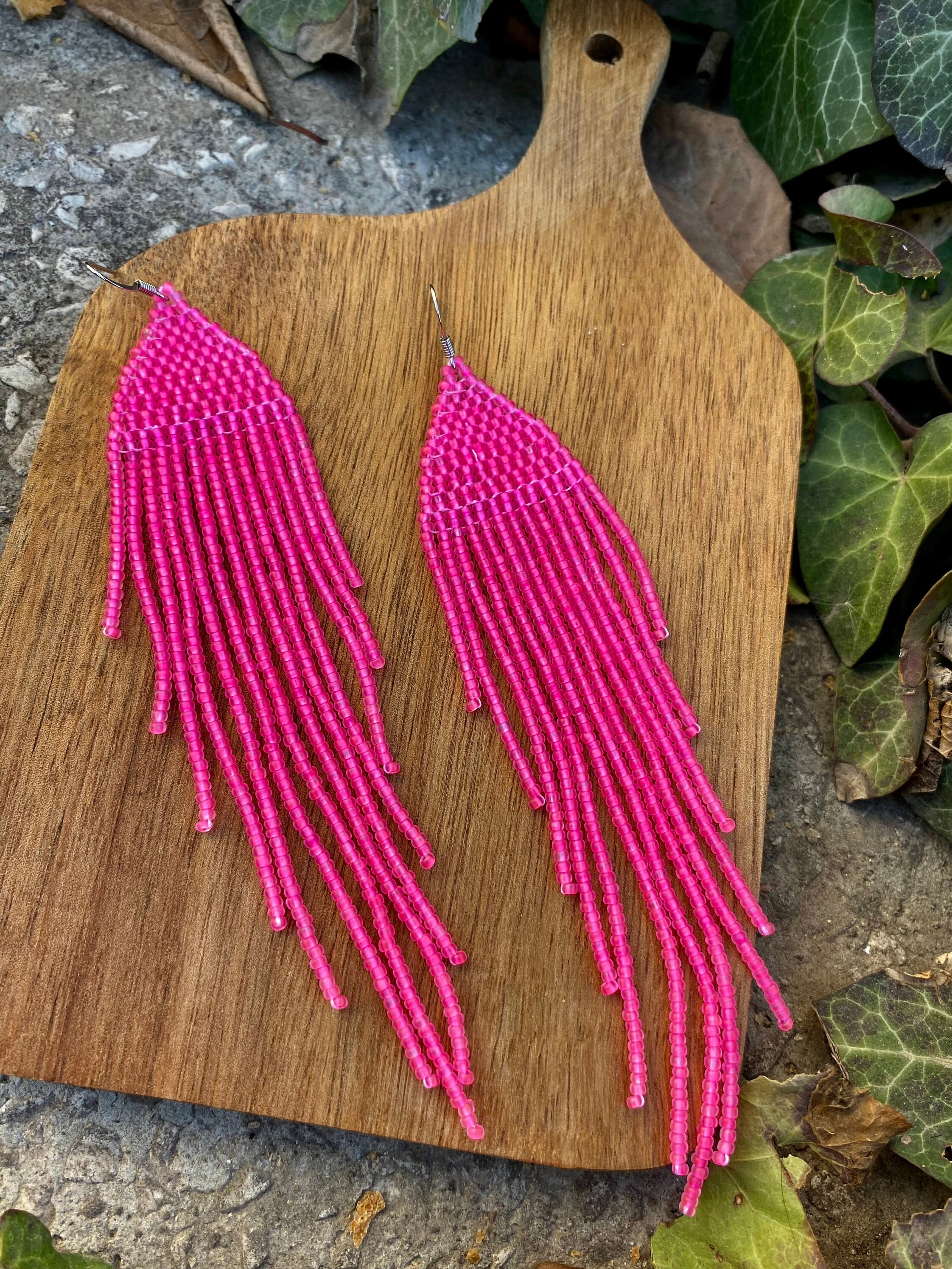 Neon Pink Extra Long Earrings, Beaded Fringe Earrings,shoulder Duster ...