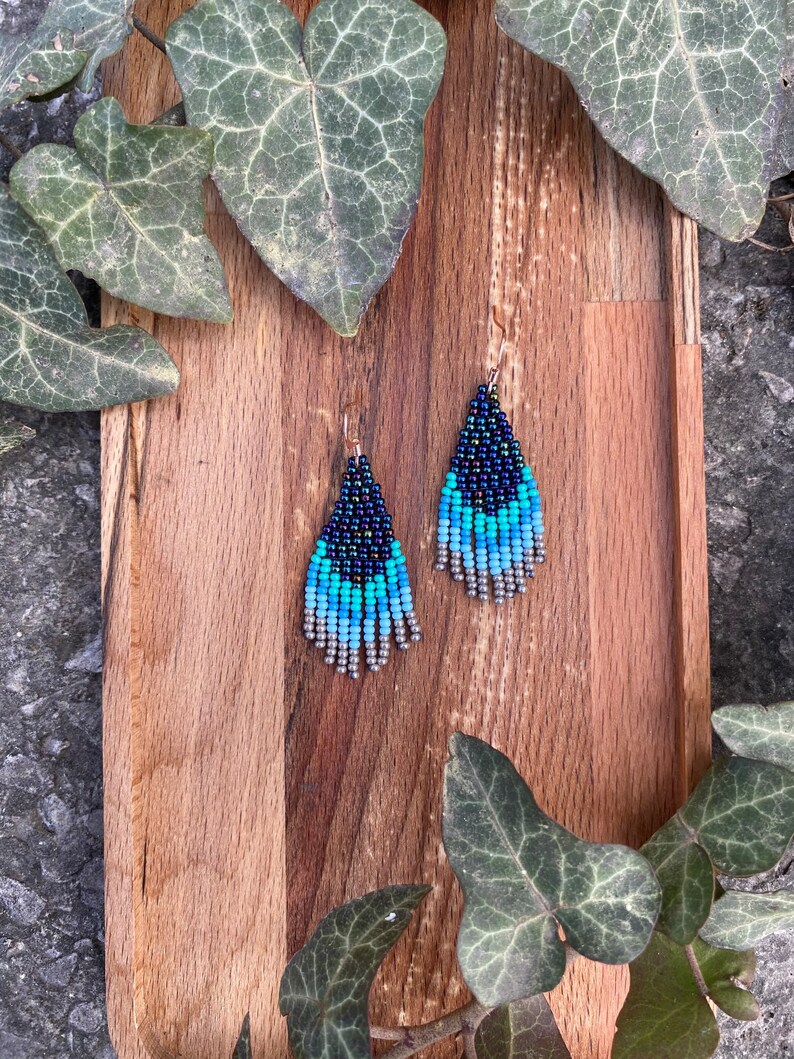 Navy Blue Turquoise Ombre Earrings Small Beaded Earrings Fringe Dangle