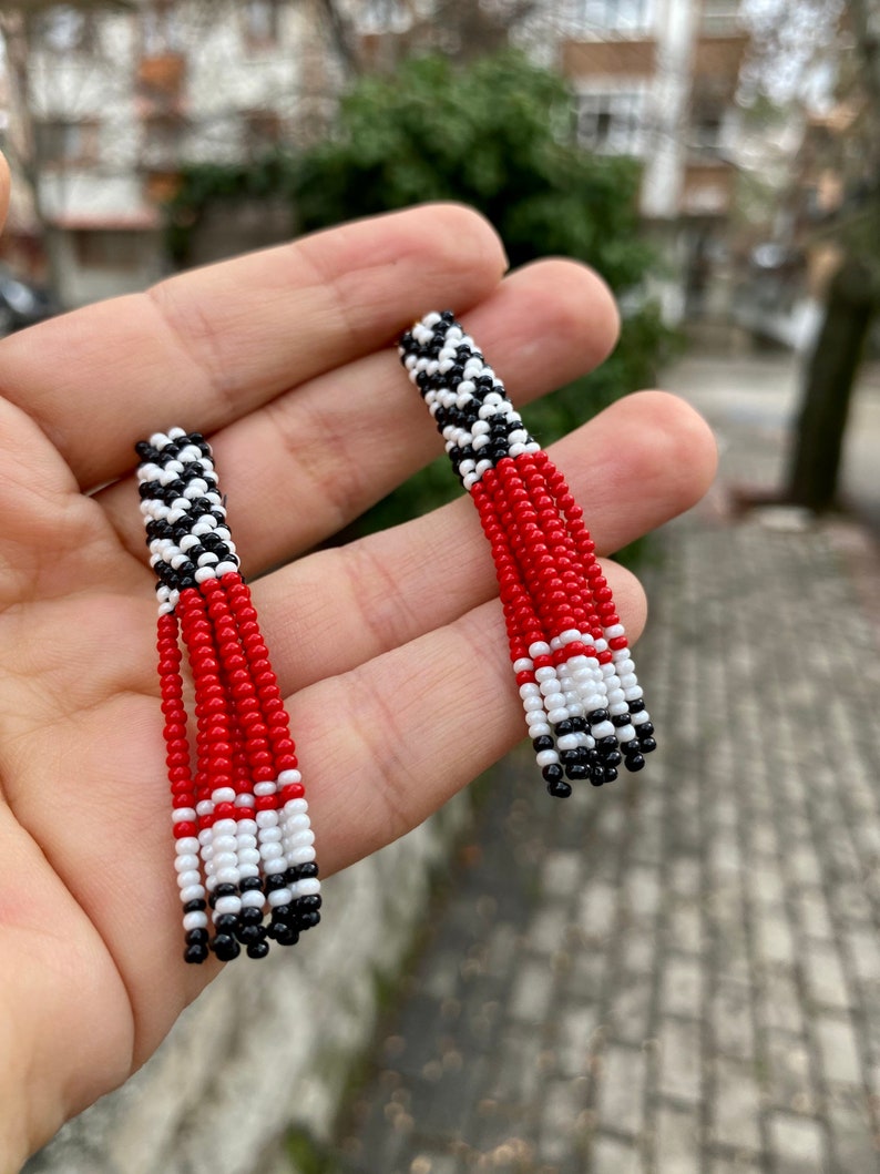 Red Black and Gold Beaded Tube Earrings Native Style Beaded Etsy